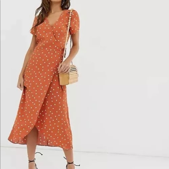 NEW! ASOS Warehouse Wrap Midi Dress Orange Polka Dot - Picture 2 of 9